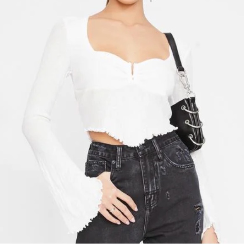White long bell sleeve gold hardware lettuce edge trim top